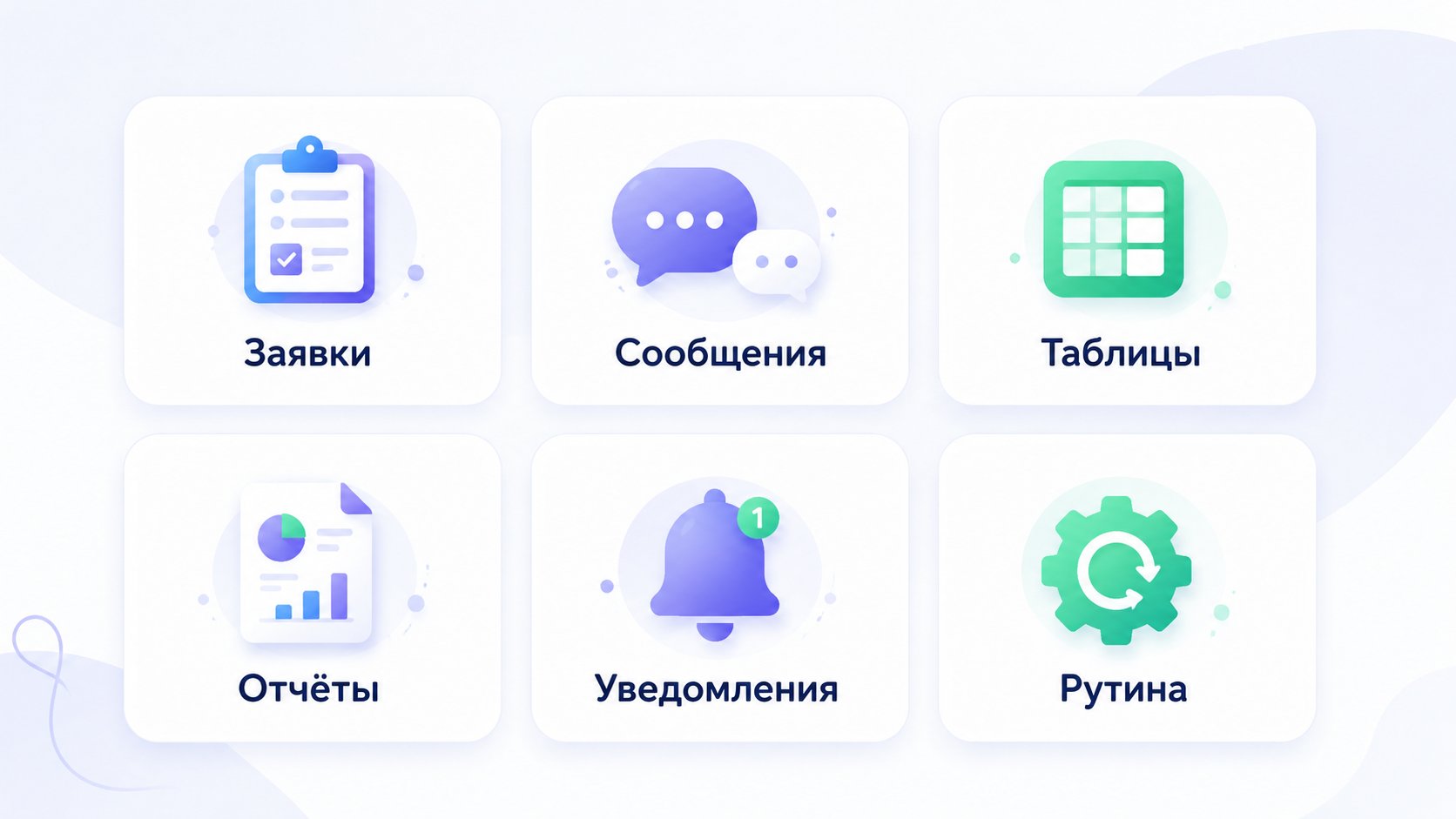 Заявки, сообщения, таблицы, отчёты, уведомления, рутина